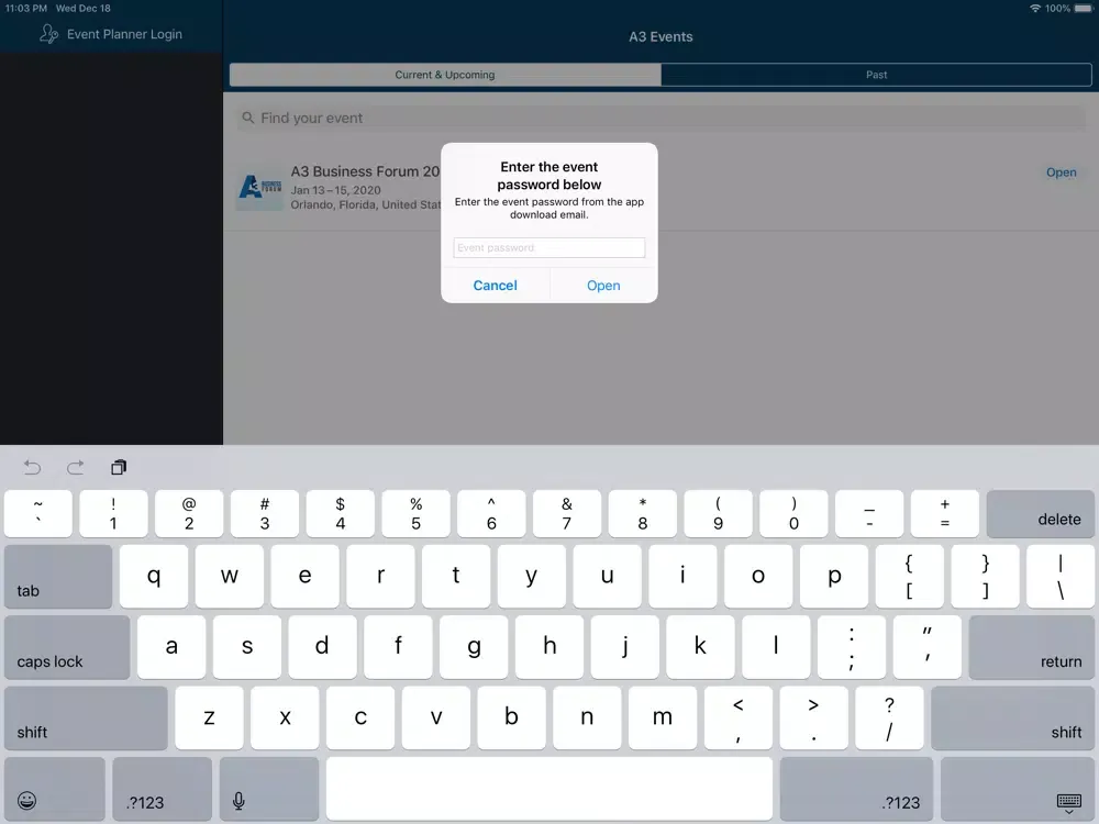 Tangkapan layar A3 Event Apps iPad 