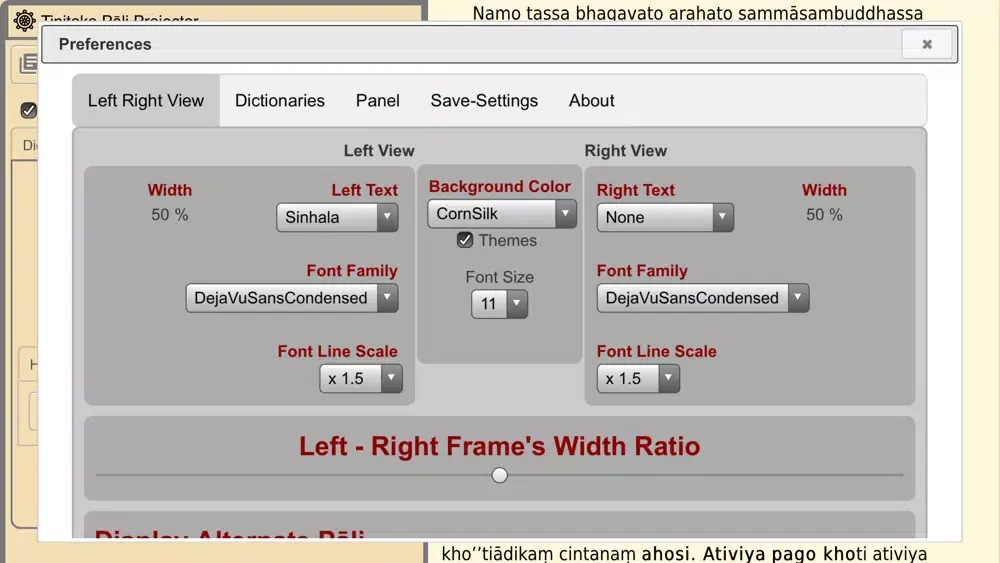 Capturas de tela do Tipitaka Pāḷi Projector