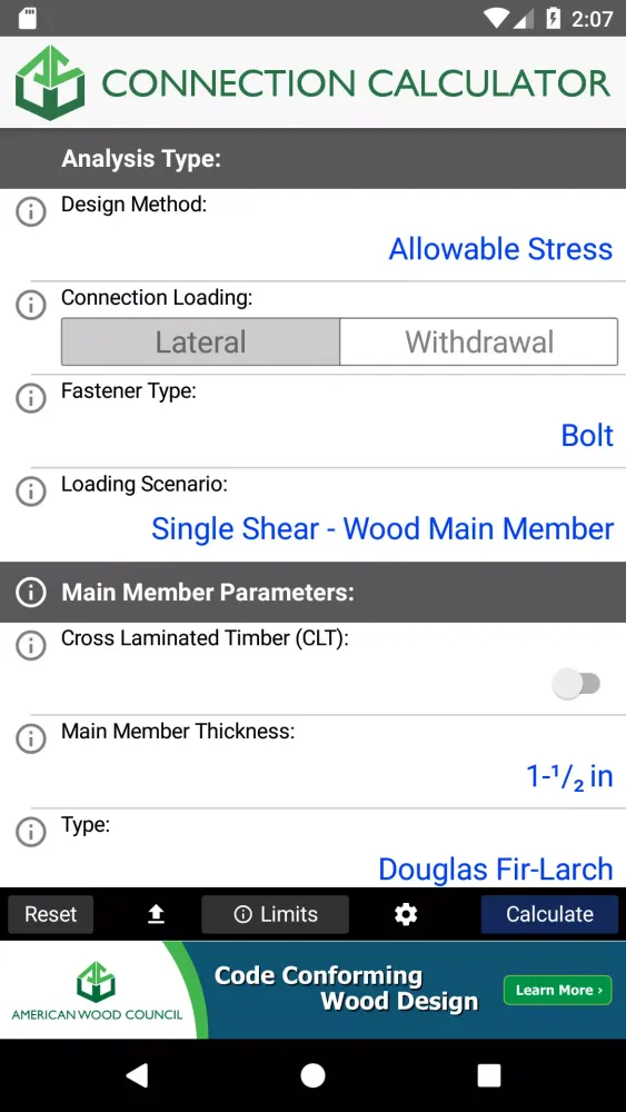 AWC Connection Calc Screenshots