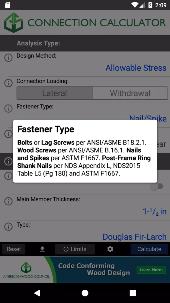AWC Connection Calc Screenshots