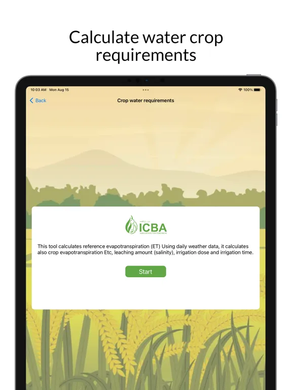 Capturas de tela do ICBA Irrigation App iPad 