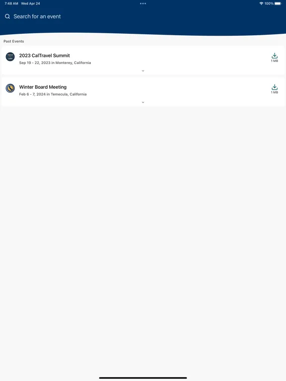 Tangkapan layar CalTravel Events iPad 