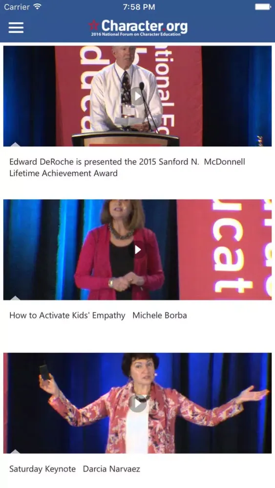 Capturas de tela do Character.org National Forum on Character Education