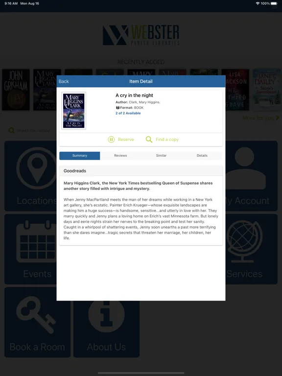 Tangkapan skrin Webster Parish Libraries iPad 