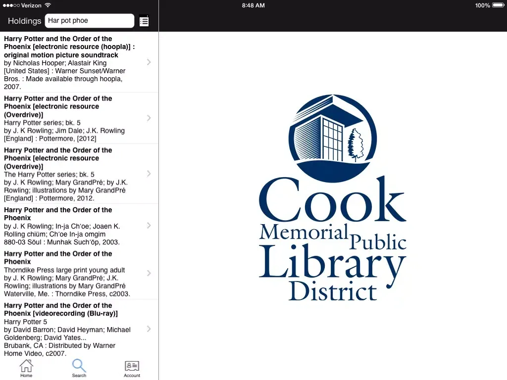 Tangkapan skrin Cook Memorial Public Library iPad 