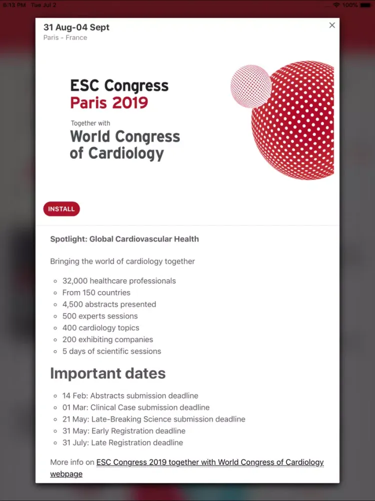 Capturas de tela do ESC Congresses iPad 