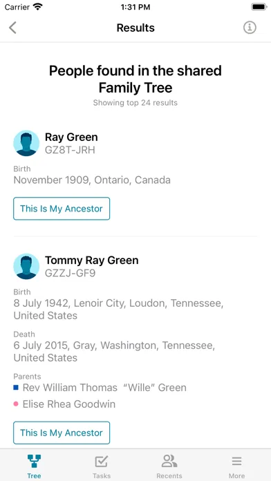 Zrzuty ekranu FamilySearch Tree