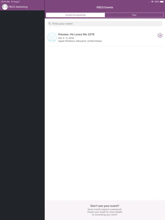 Ảnh chụp màn hình của FBCG Events iPad 