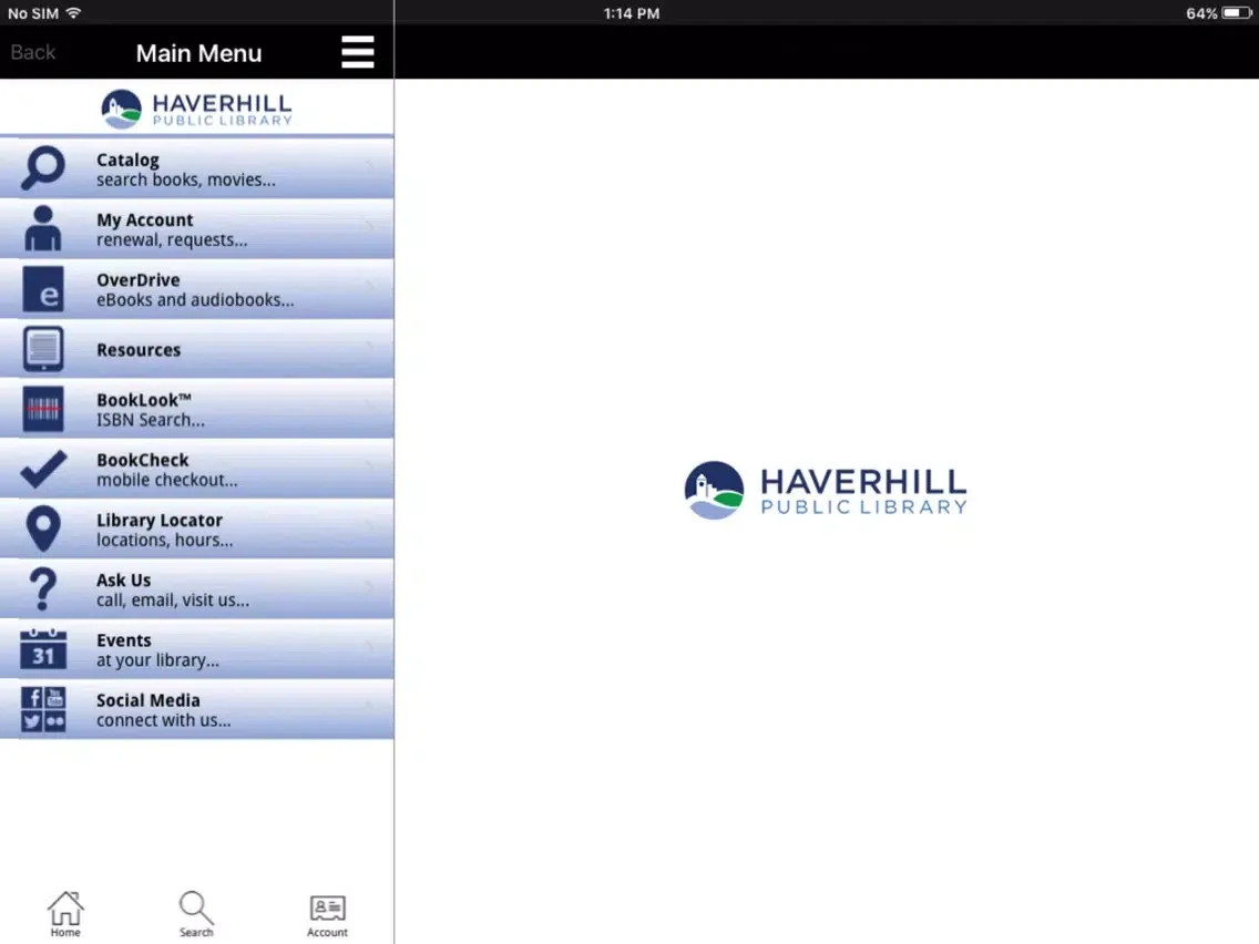 Ảnh chụp màn hình của Haverhill Public Library Mobile iPad 