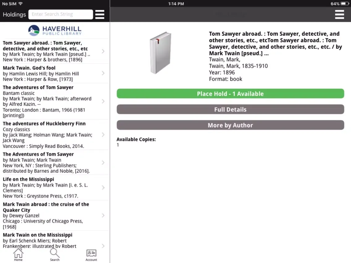 Ảnh chụp màn hình của Haverhill Public Library Mobile iPad 