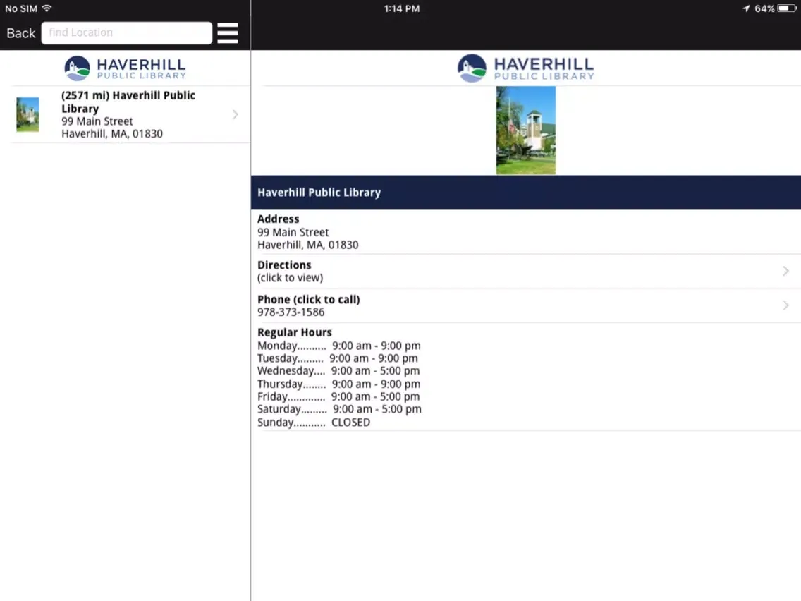 Ảnh chụp màn hình của Haverhill Public Library Mobile iPad 