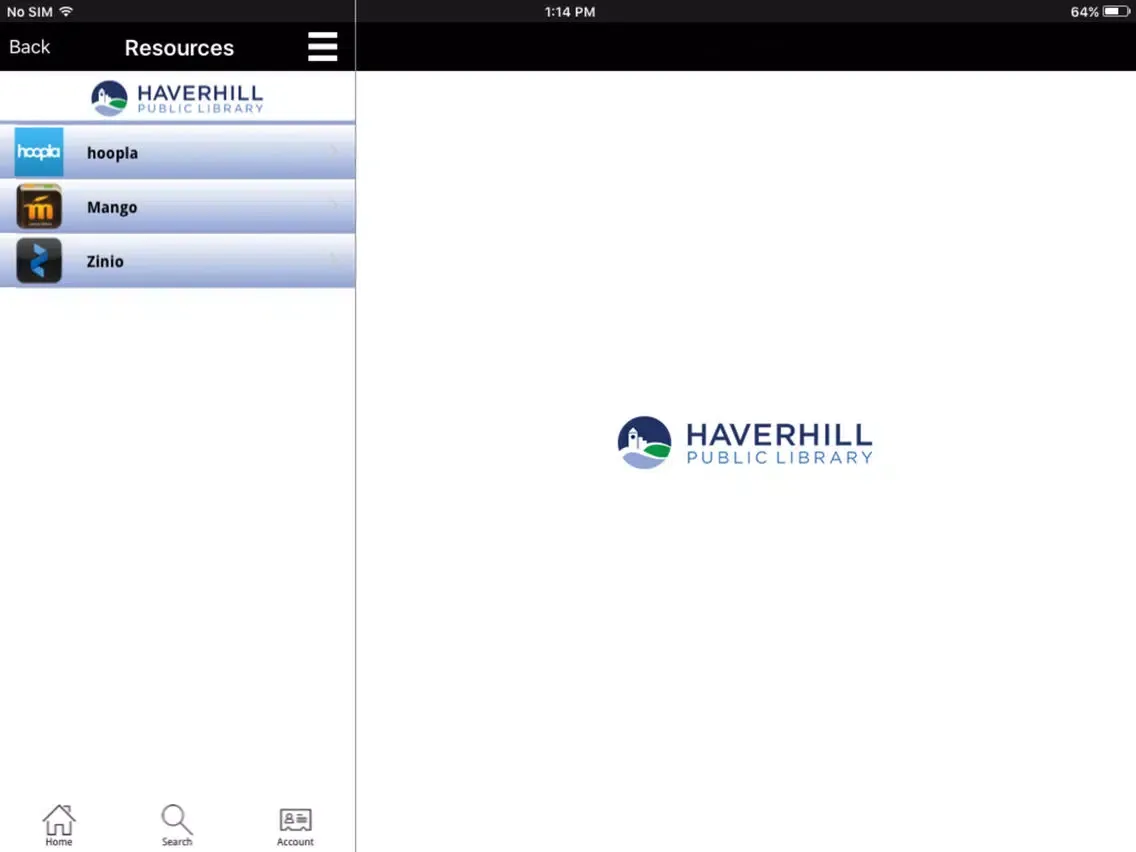 Ảnh chụp màn hình của Haverhill Public Library Mobile iPad 