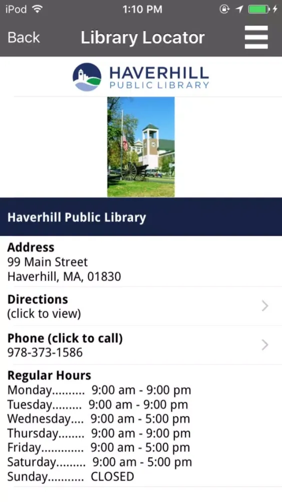 Ảnh chụp màn hình của Haverhill Public Library Mobile