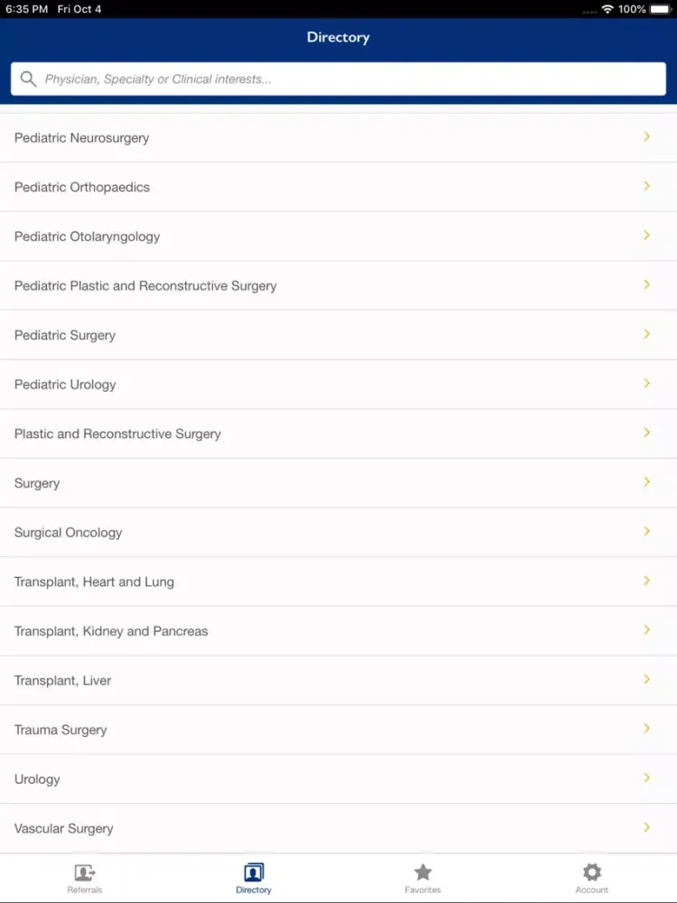 Capturas de tela do Johns Hopkins Doctor Referral iPad 