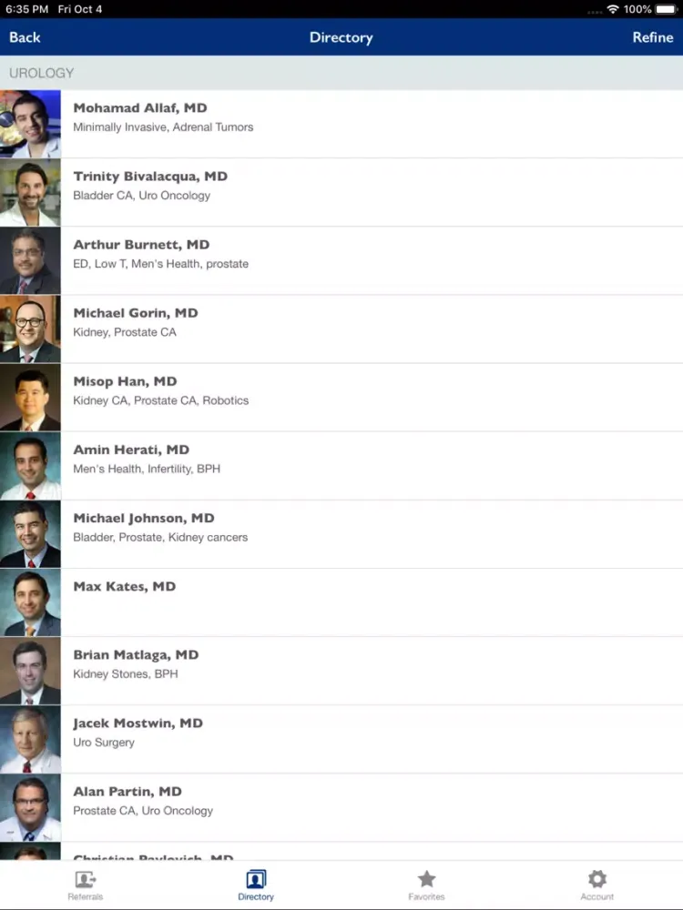 Capturas de tela do Johns Hopkins Doctor Referral iPad 