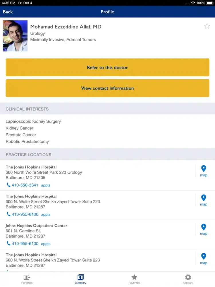 Capturas de tela do Johns Hopkins Doctor Referral iPad 