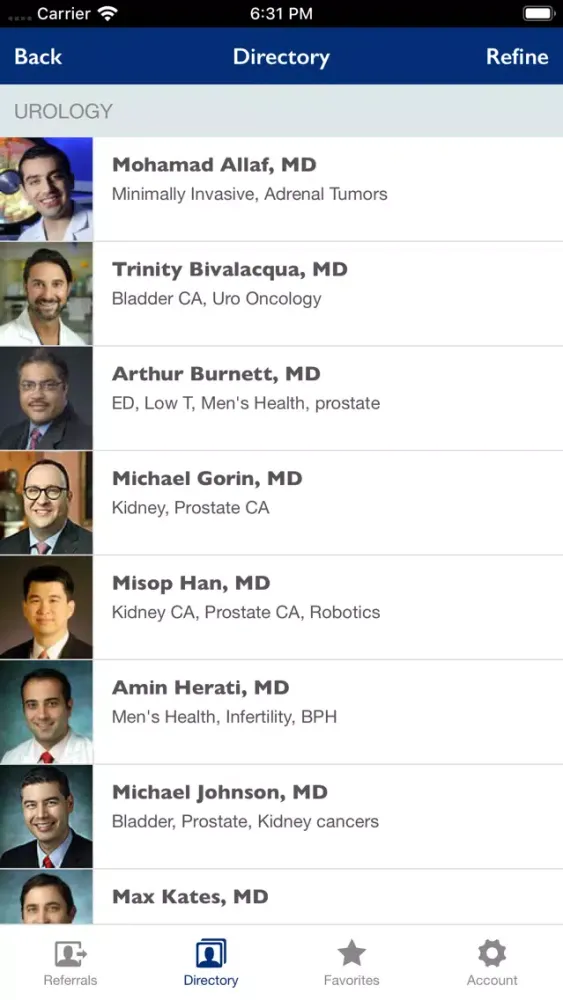 Capturas de tela do Johns Hopkins Doctor Referral