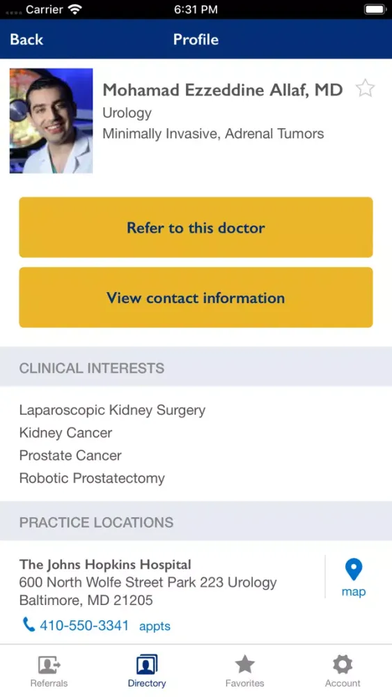 Capturas de tela do Johns Hopkins Doctor Referral