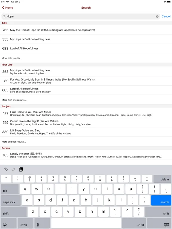Tangkapan layar Glory to God Ecumenical Hymnal iPad 
