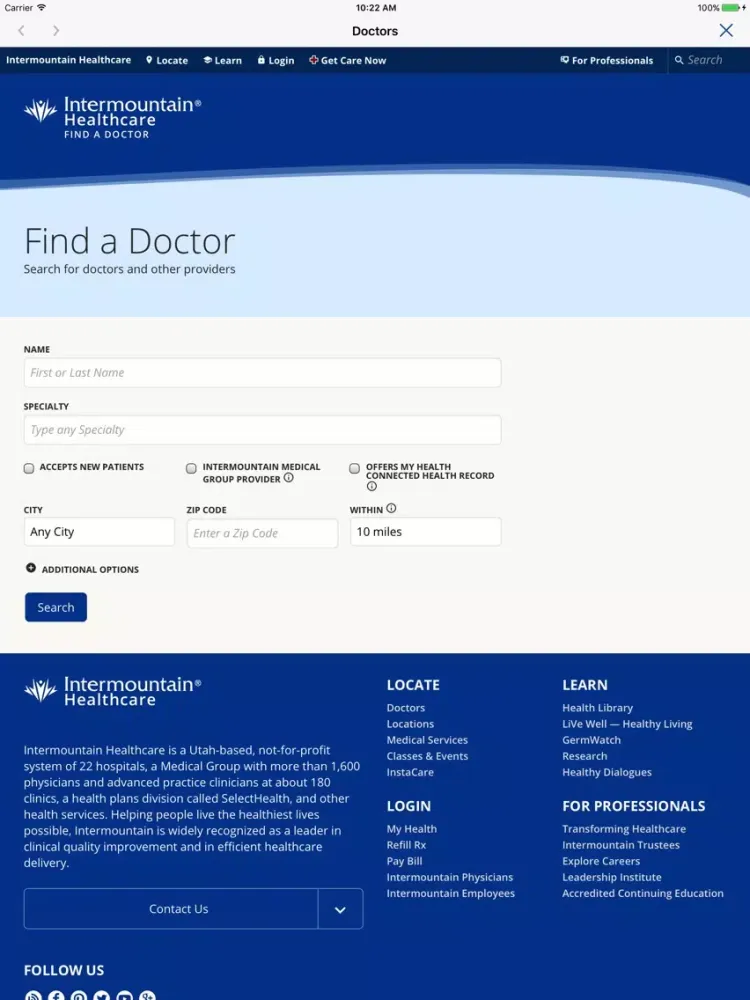 Tangkapan skrin Intermountain Health Hub iPad 