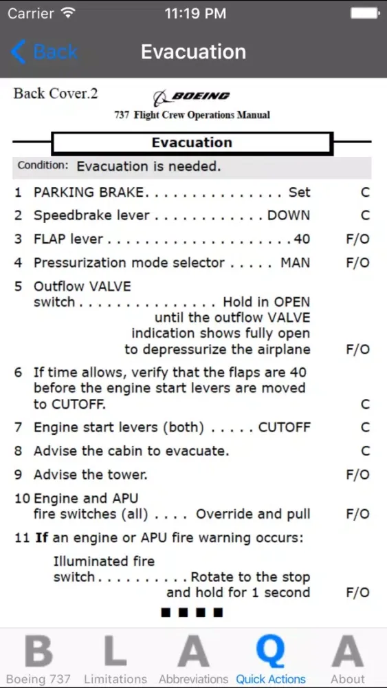 Ảnh chụp màn hình của B737 Limitations Quick Actions