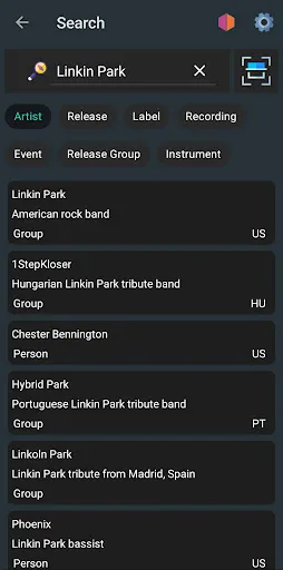 Capturas de tela do MusicBrainz