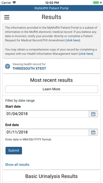 Tangkapan skrin MyMoffitt Patient Portal