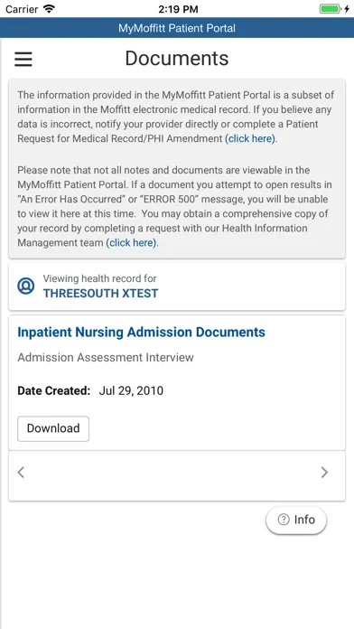 Tangkapan skrin MyMoffitt Patient Portal