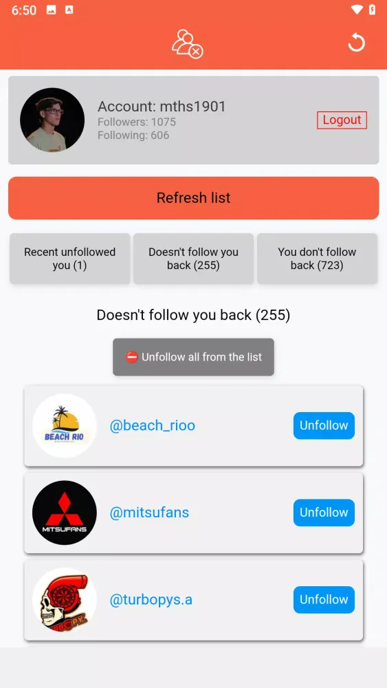 Скриншоты Followers & Unfollowers PRO