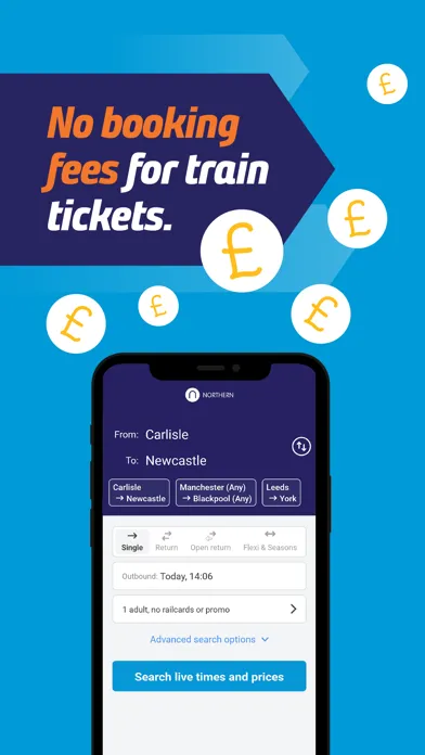 Tangkapan skrin Northern train tickets & times