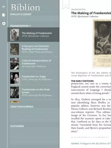 Zrzuty ekranu NYPL Biblion: Frankenstein iPad 
