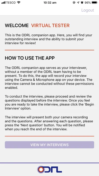 Capturas de tela do ODRL Virtual Assessment Portal