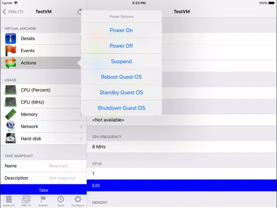 Tangkapan layar iVMControl VMware® vCenter&ESX iPad 
