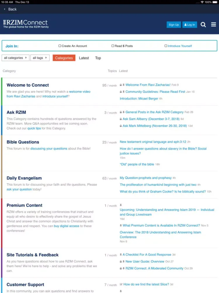 Tangkapan skrin RZIM Connect App iPad 