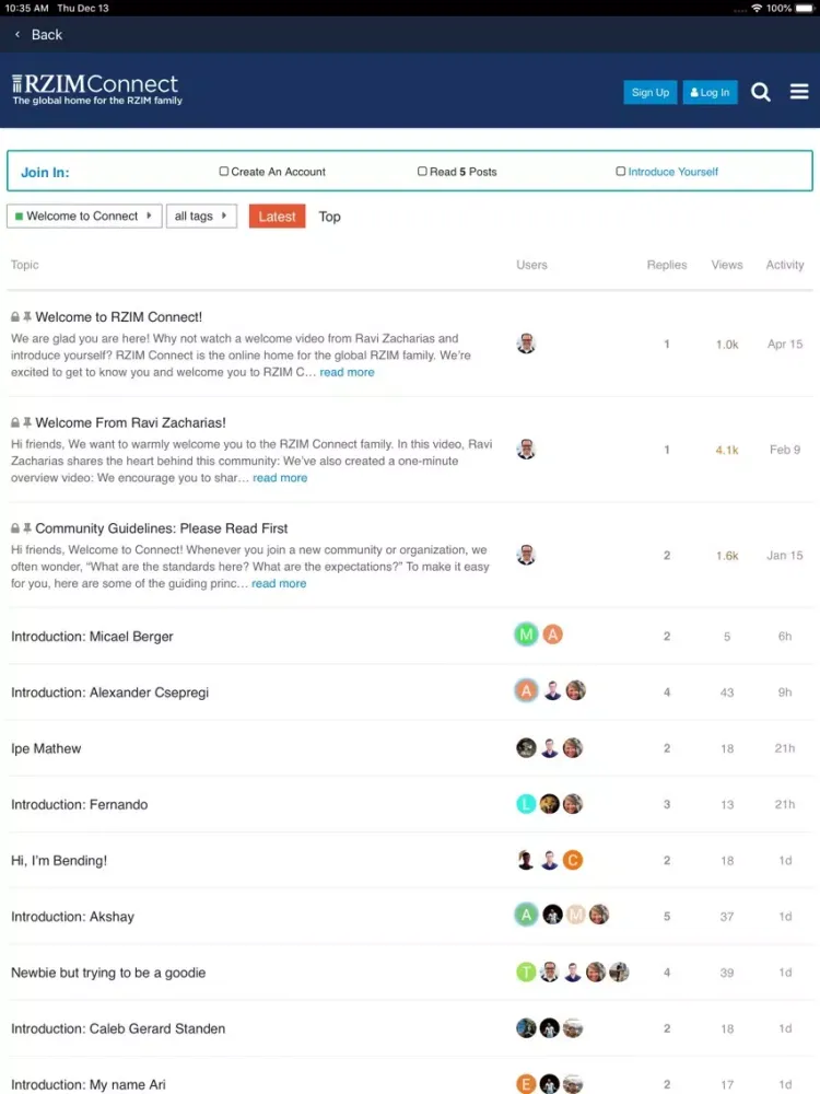 Tangkapan skrin RZIM Connect App iPad 