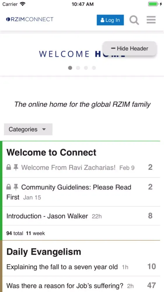 Tangkapan skrin RZIM Connect App