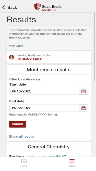 Capturas de tela do Stony Brook Med Patient Portal