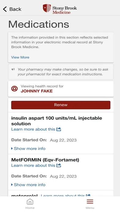 Capturas de tela do Stony Brook Med Patient Portal