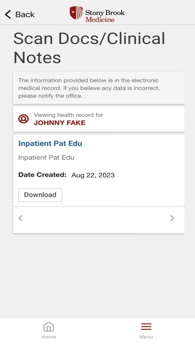 Capturas de tela do Stony Brook Med Patient Portal