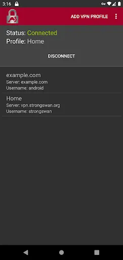 Capturas de tela do strongSwan VPN Client