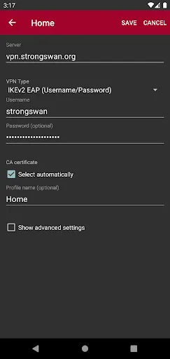 Capturas de tela do strongSwan VPN Client