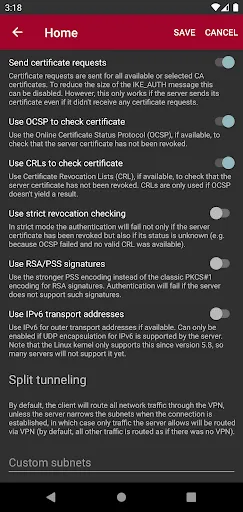 Capturas de tela do strongSwan VPN Client