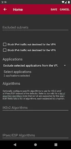 Capturas de tela do strongSwan VPN Client