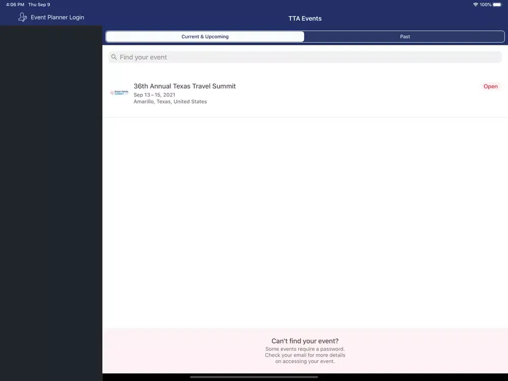 Tangkapan layar TTA Events iPad 