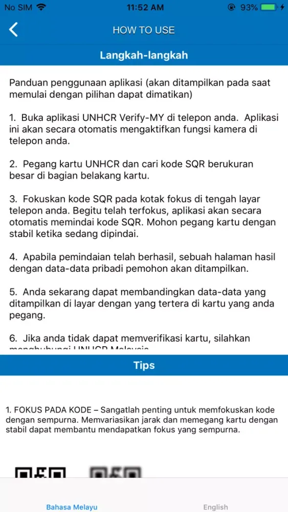 Capturas de tela do UNHCR Verify - ID