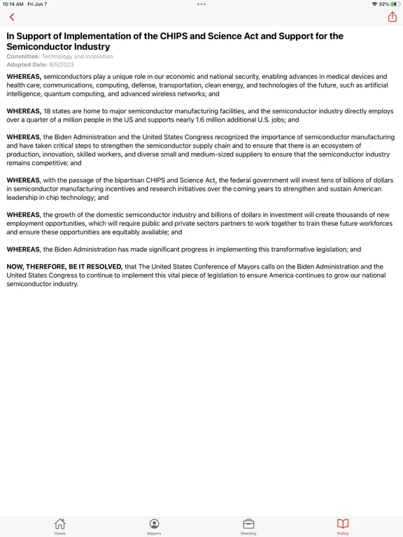 Capturas de tela do U.S. Conference of Mayors iPad 