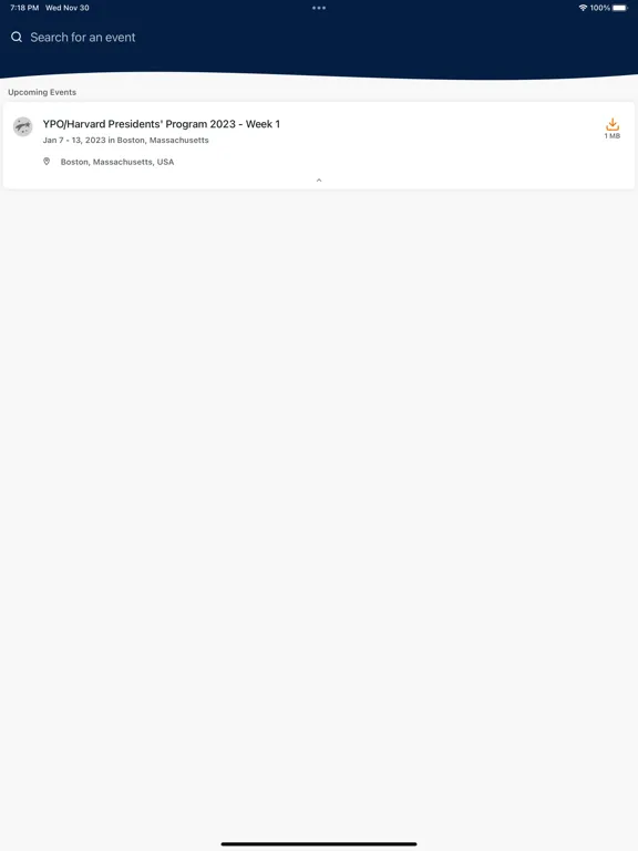 Tangkapan skrin YPO Events iPad 