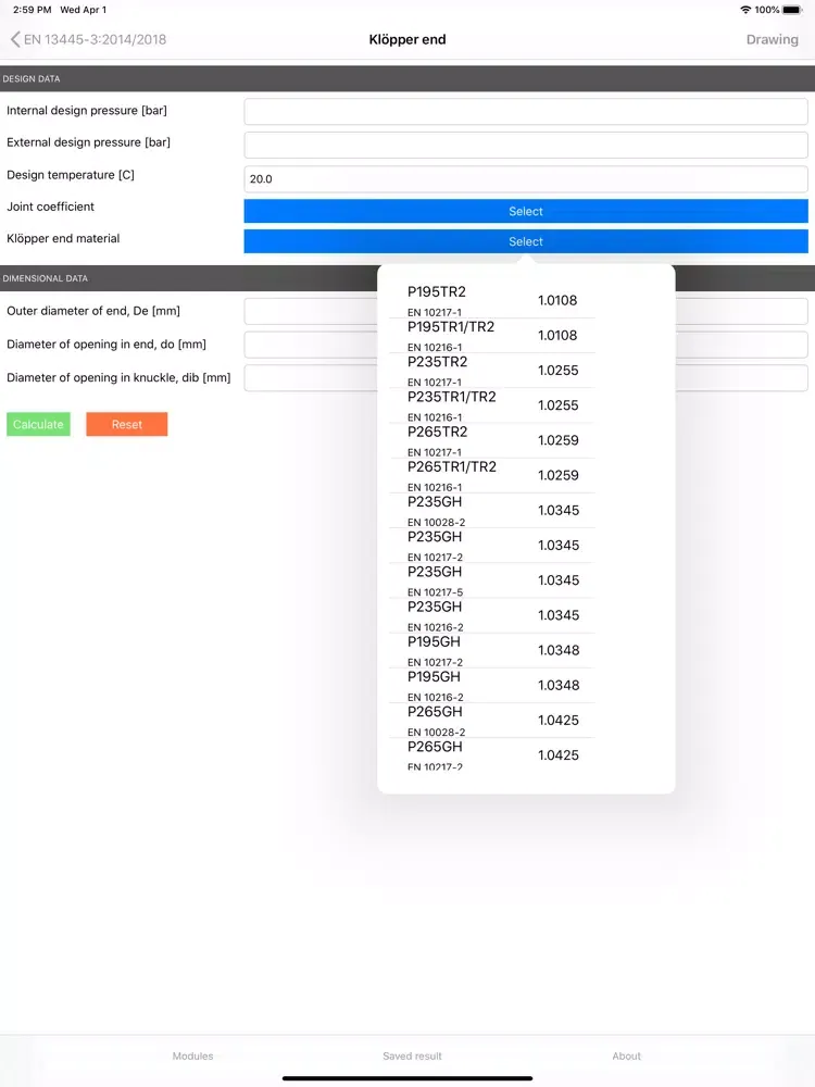 Pressure Equipment Calc. Lite iPad  स्क्रीनशॉट
