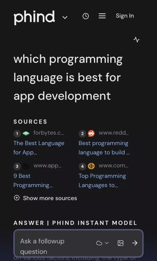 Tangkapan skrin Phind - Ai Search Engine