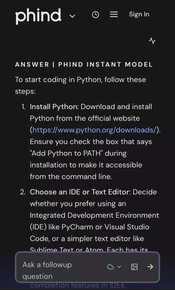 Tangkapan skrin Phind - Ai Search Engine